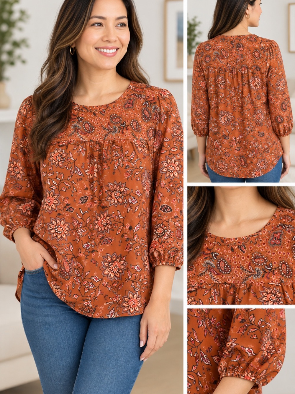 DR2 Women's Rust Floral Peasant Orange Top XL